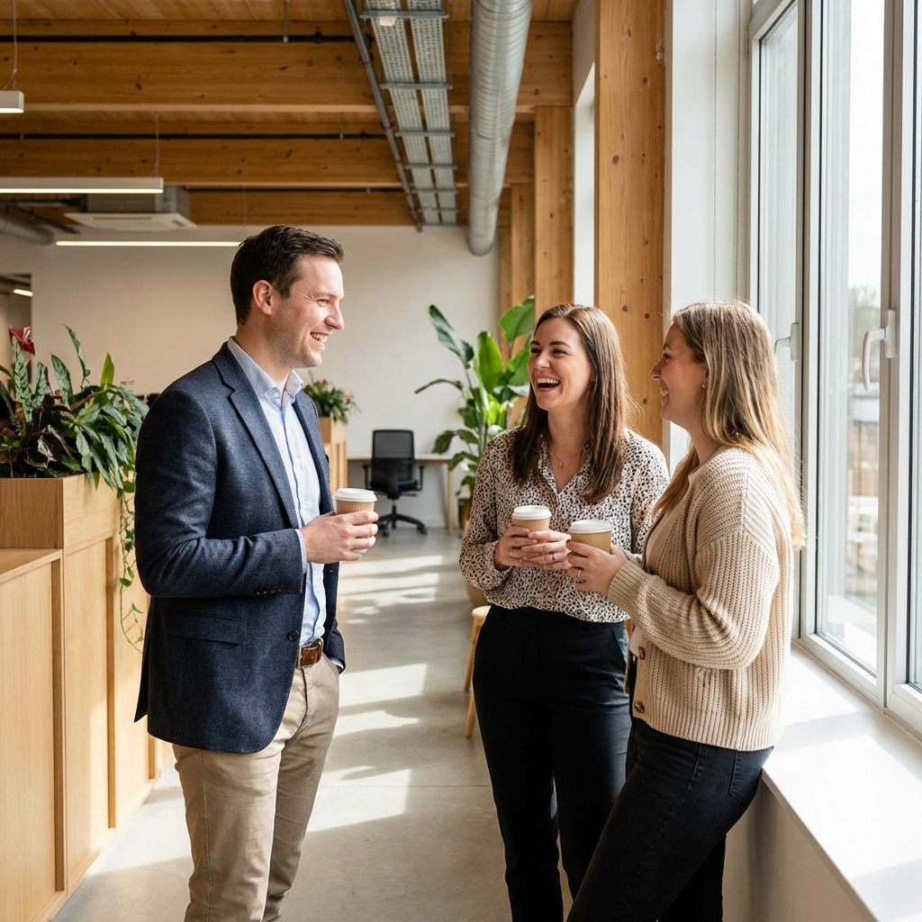 Alumni having a conversation in an office
