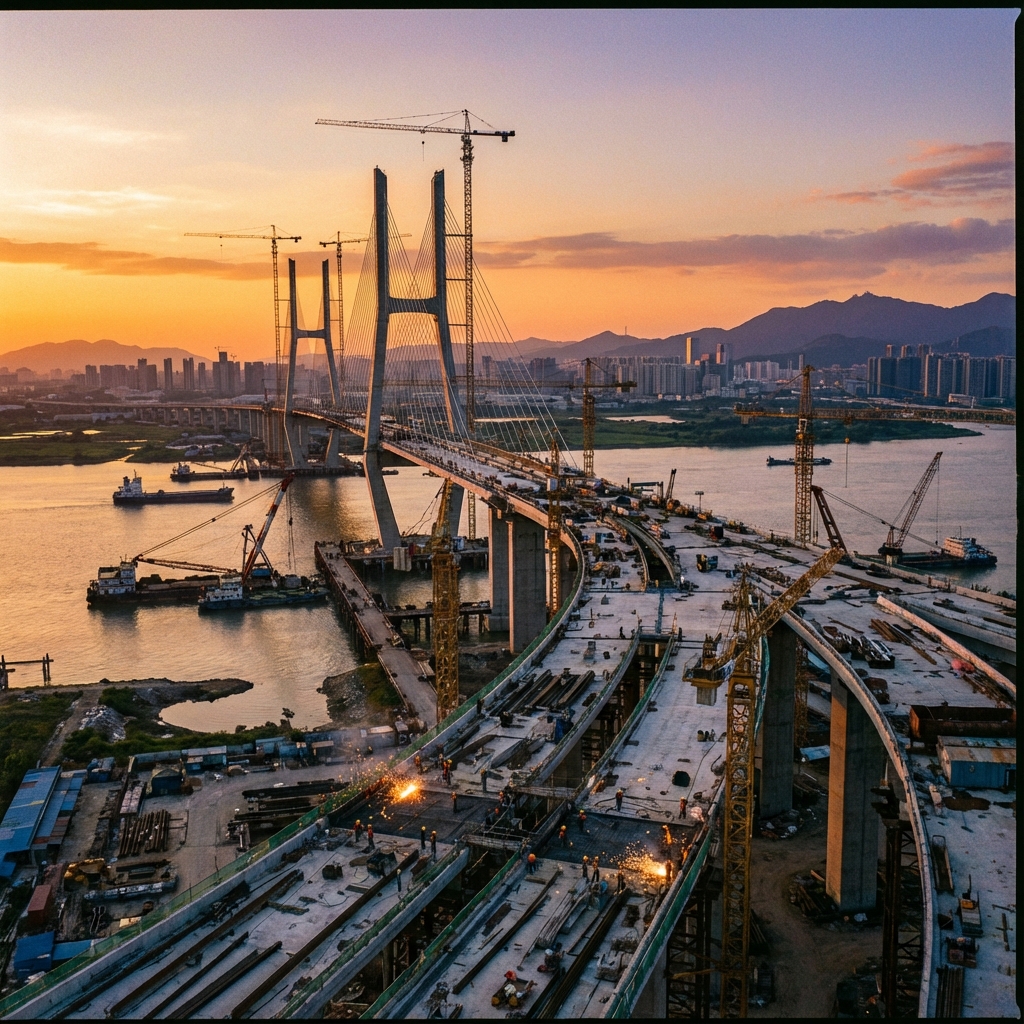 Infrastructure project with bridge and construction