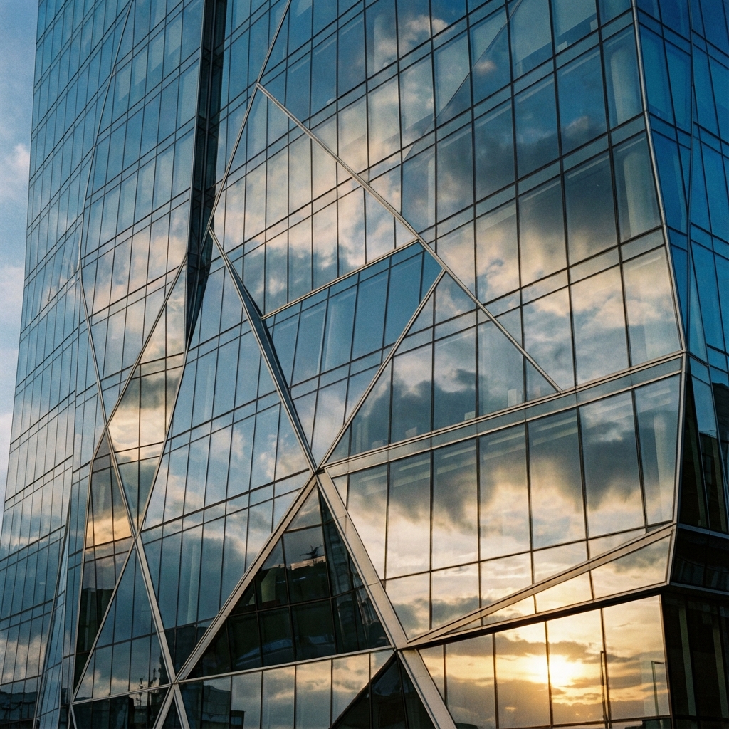 Modern glass office building reflecting the sky
